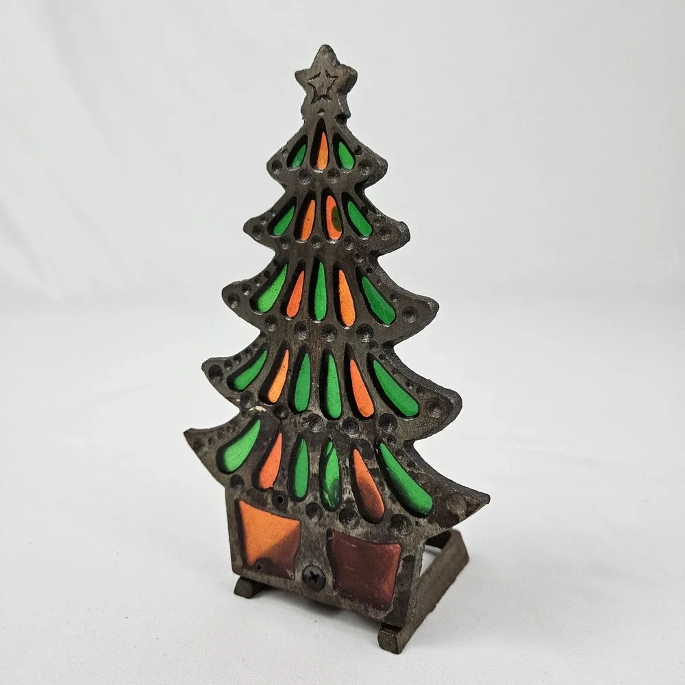 Vintage Cast Iron Glo-Candle Holder Stained Glass Tiffany Style 1977 Christmas